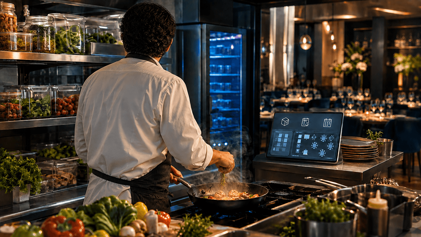Chef operando un restaurante con herramientas digitales